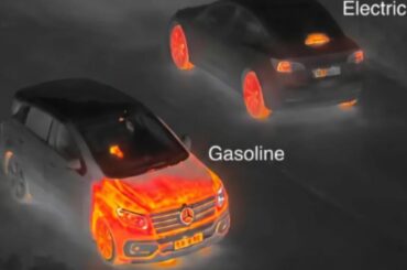 Thermal imaging of a gas-powered car vs electric car shows the key differences between the two very clearly