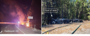 2024 Tesla Semi postcrash fire and final rest location showing EV hazmat transport risks on Interstate 80 in California