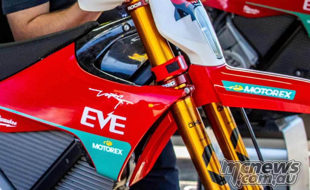 Close-up of Stark VARG front bodywork with MOTOREX branding and KYB front suspension.