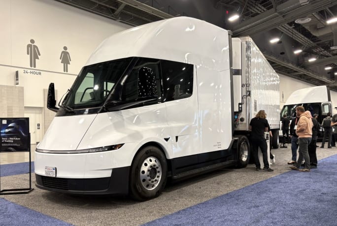 White Tesla Semi truck on exhibit hall