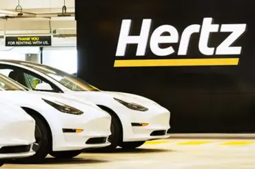 Tesla Model 3 EVs on a Hertz lot