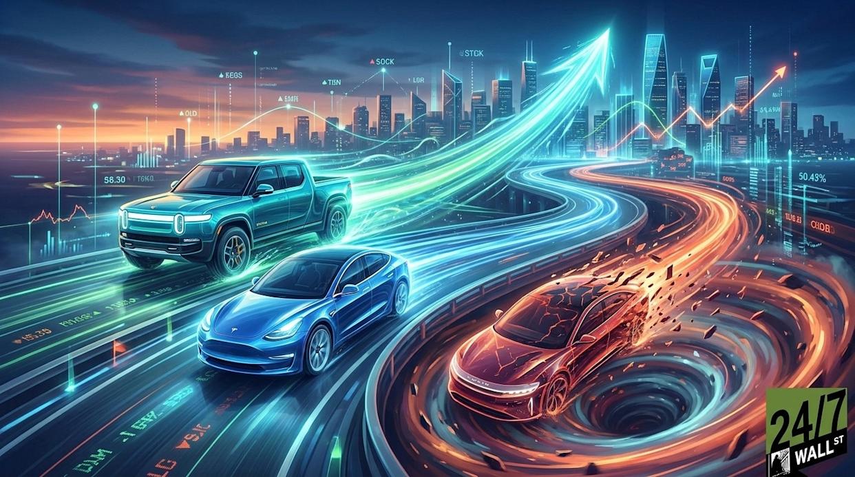 A dynamic digital illustration features three electric vehicles on a multi-lane highway against a futuristic cityscape at dusk. A teal Rivian pickup truck and a blue Tesla sedan are in the foreground, speeding along paths of glowing blue and green light, with financial data streams underneath. A red sports car, resembling a Lucid, breaks apart as it descends into a fiery orange and blue swirling vortex on a lower lane. The background city skyline is illuminated by a large, bright blue upward arrow and various stock charts, symbolizing market growth. The '24/7 WALL ST' logo is visible in the bottom right corner.