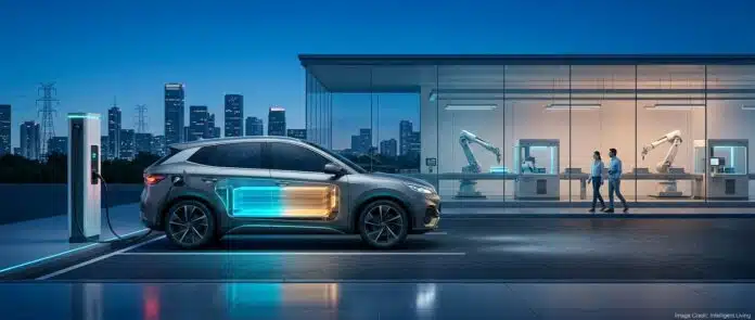 Cinematic electric vehicle charging scene with a luminous advanced battery cell, a modern production line, and a fast-charging station suggesting the rise of solid-state EV batteries in 2026.