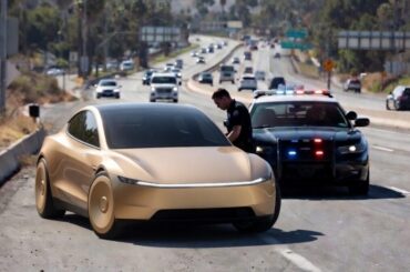 Concept rendering of Tesla Cybercab being cited by CA Highway Patrol (Credit: Grok)