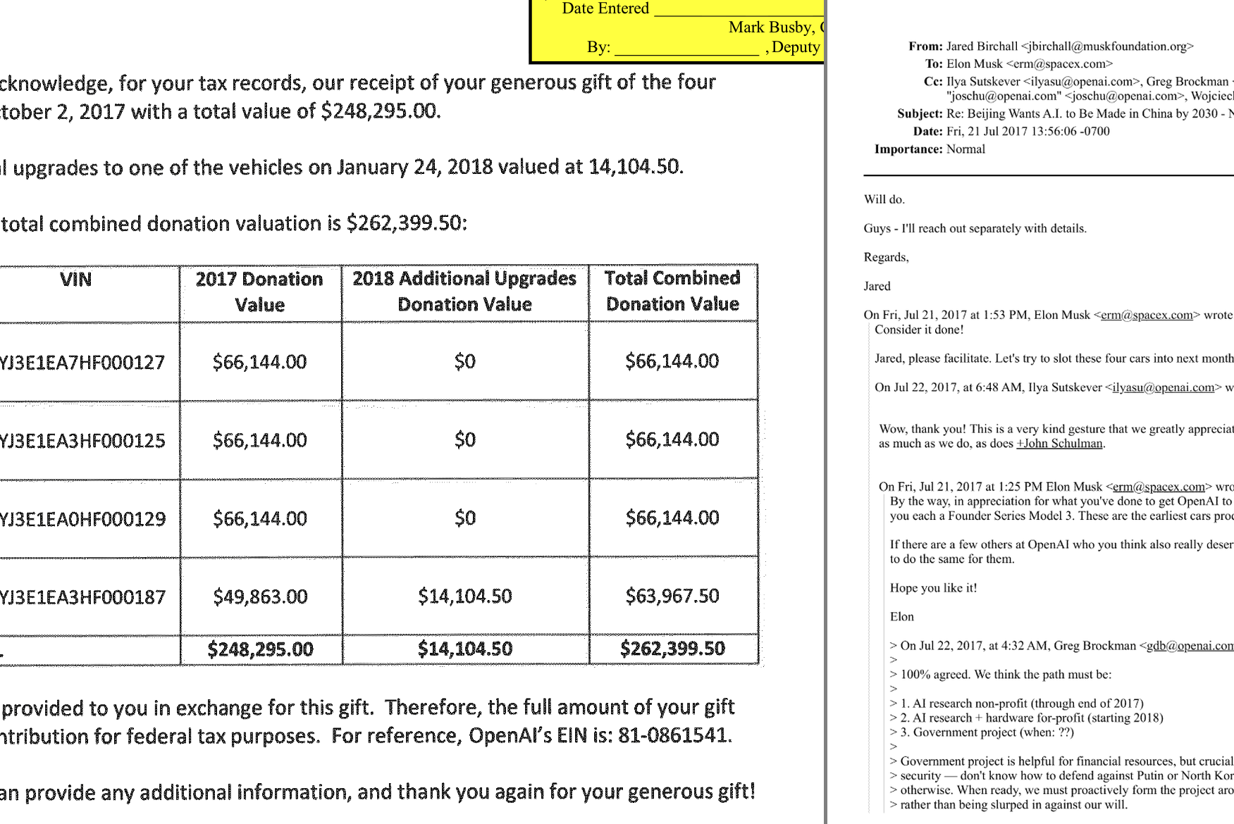 Screenshots of emails from OpenAI and from Jared Birchall regarding Founder Series Tesla Model 3s donated for people on the project.