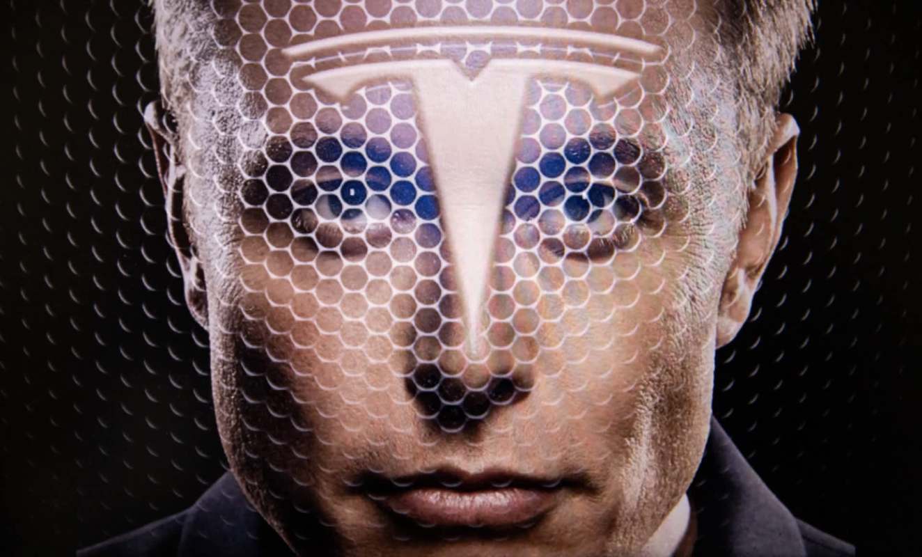 A digitally altered image of Elon Musk overlaid with a honeycomb pattern and a Tesla logo.