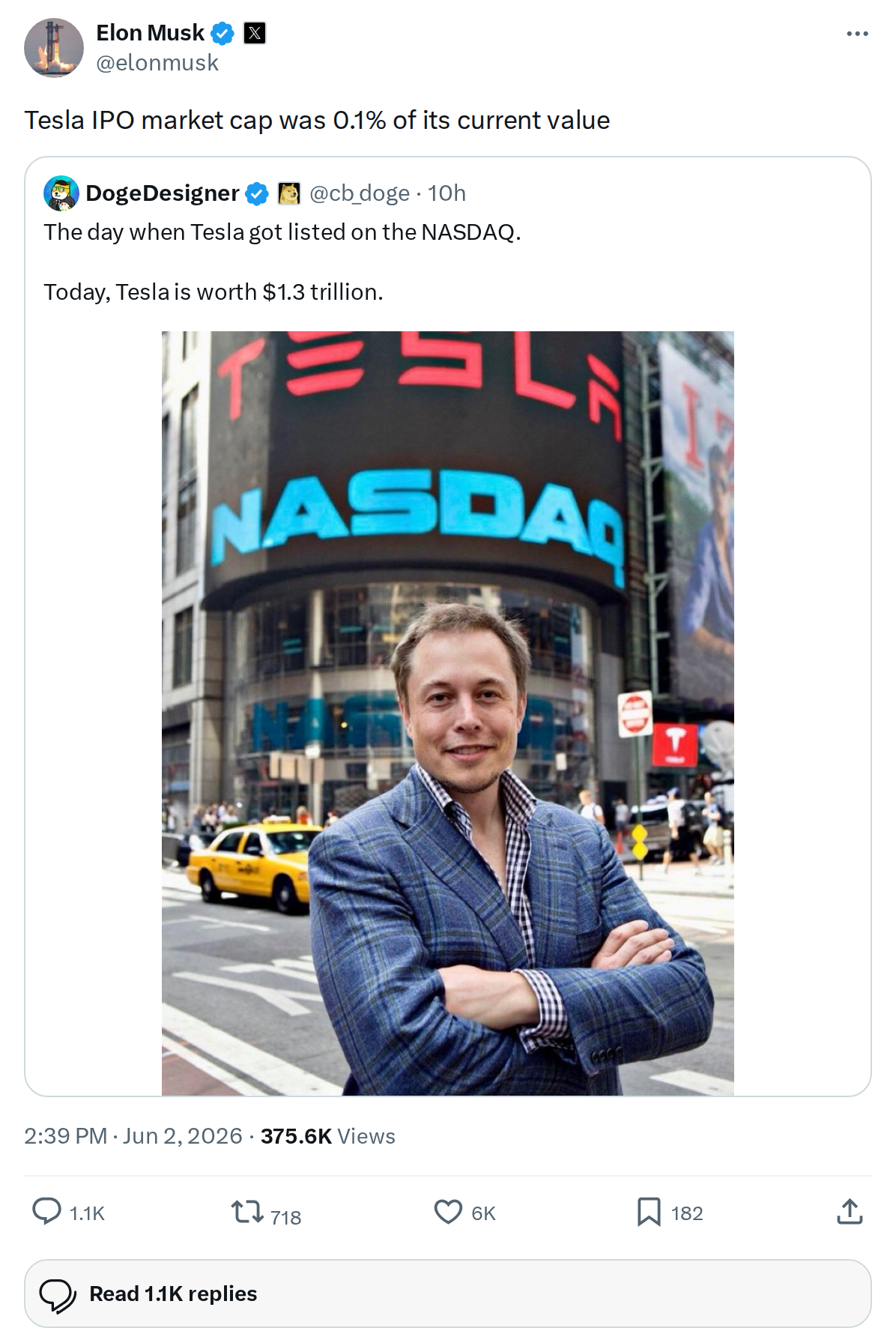 Elon Musk tweet: Tesla IPO market cap was 0.1% of its current value