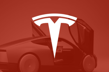 Tesla logo on red filter with Cybercab in background.