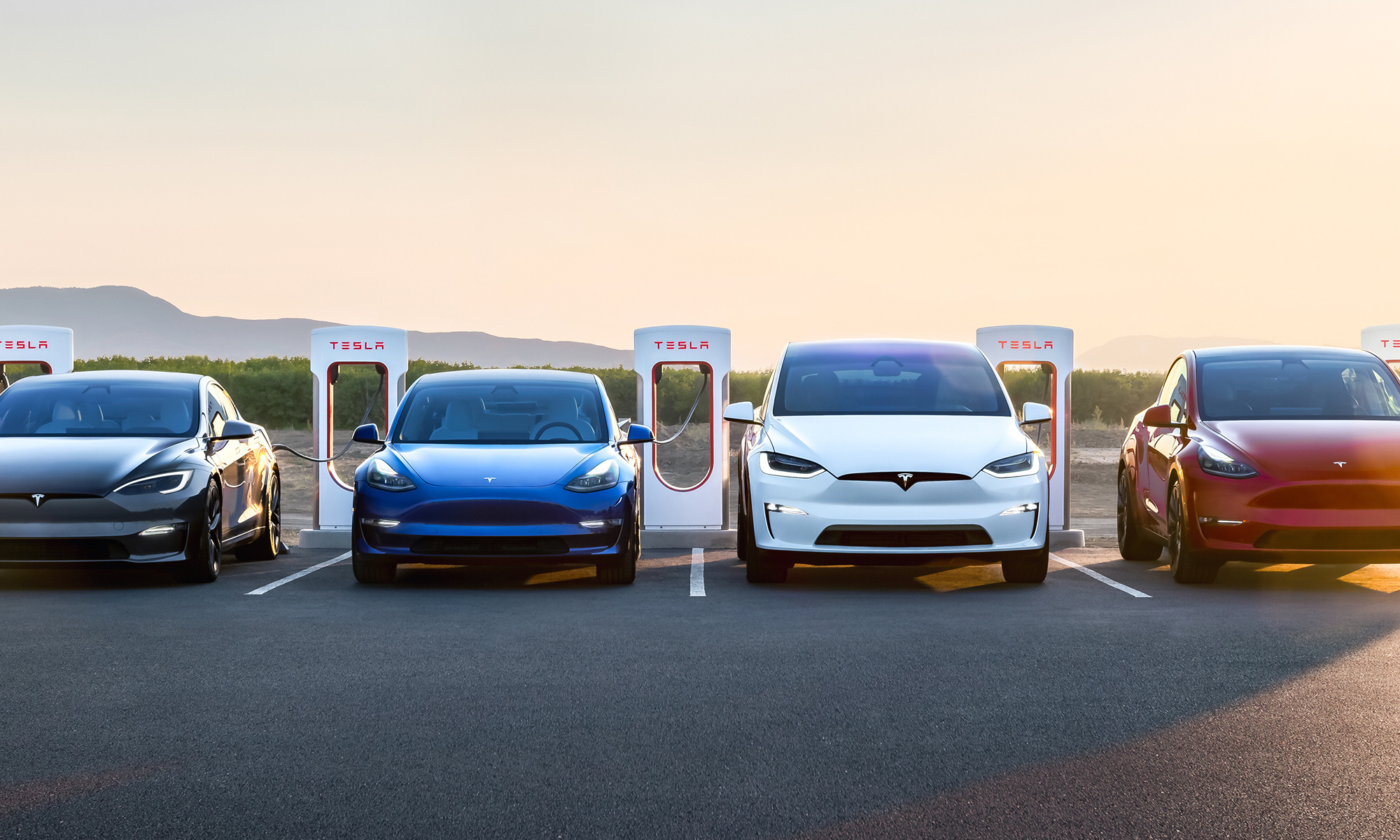 Row of Tesla electric cars charging at Supercharger station in open parking lot at sunset