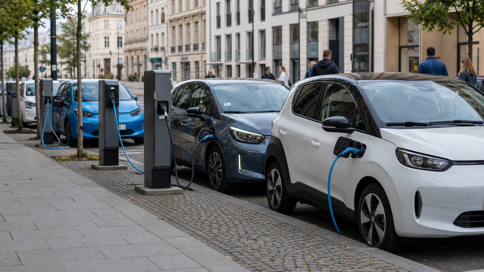 Electric vehicles charging on a European city street