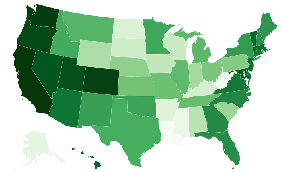map indicating the preparedness of us states for electric vehicles in 2026