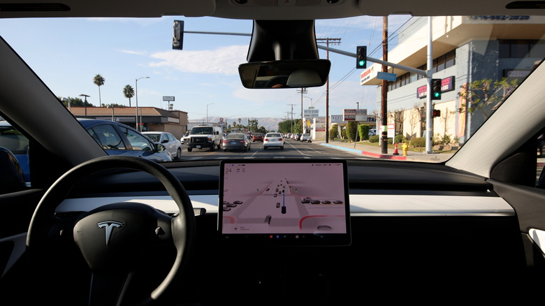 Tesla self-driving mode visible from inside the cabin.