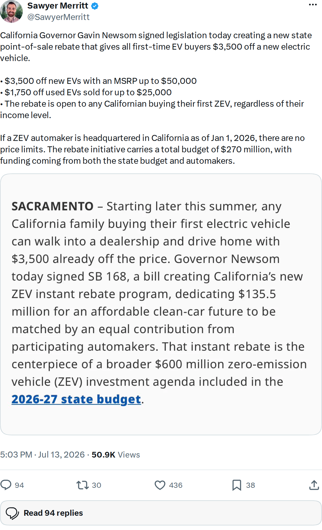 Sawyer Merritt tweet detailing California EV rebate terms including $3,500 off new EVs and $1,750 off used EVs