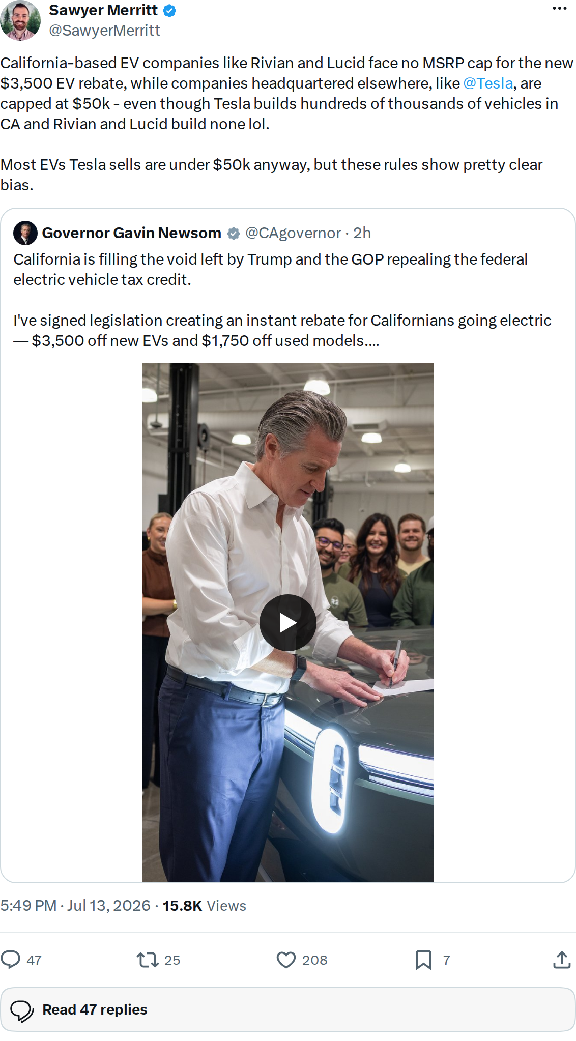Sawyer Merritt tweet noting Tesla faces $50K MSRP cap while Rivian and Lucid have no cap under California EV rebate