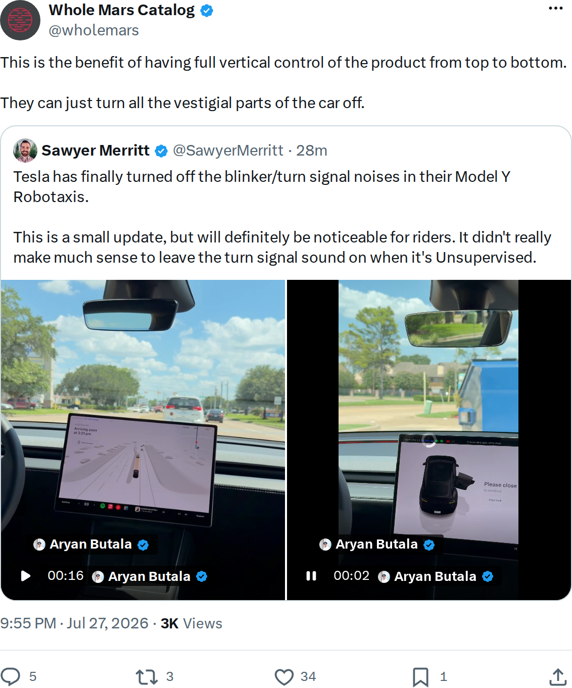 Whole Mars Catalog tweet on Tesla vertical integration and Robotaxi changes