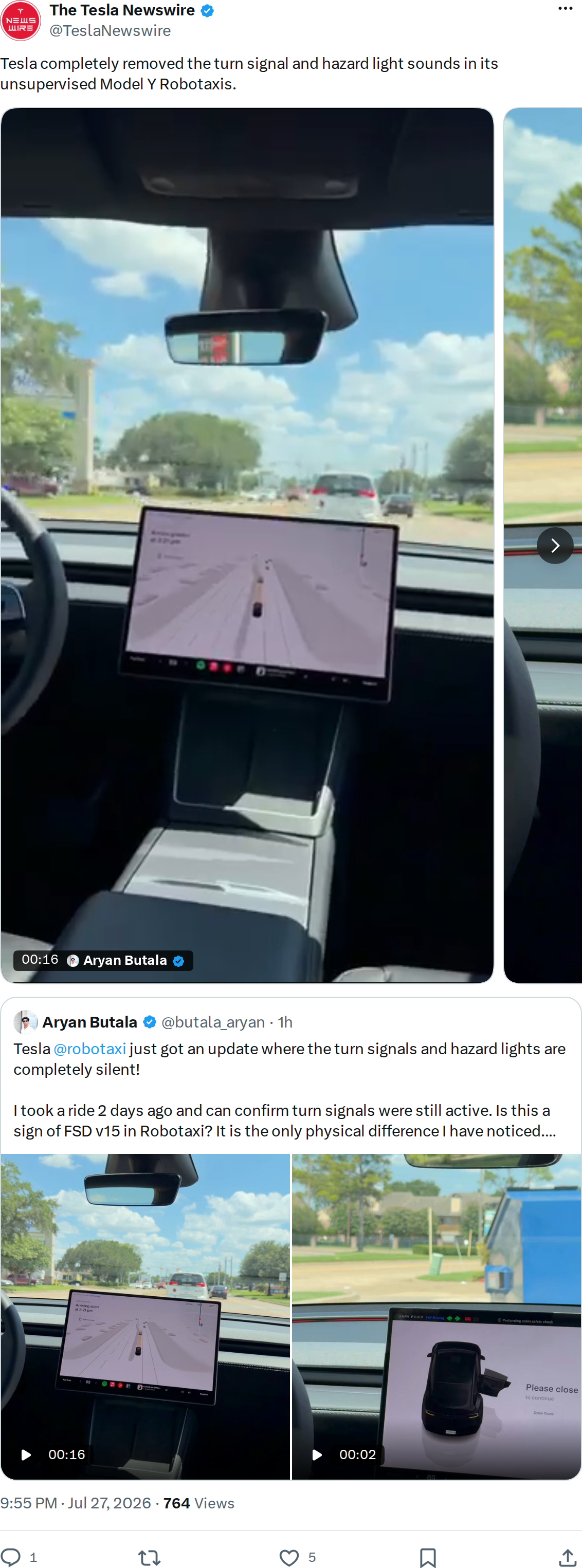 Tesla Newswire tweet confirming turn signal and hazard light sound removal in Robotaxis