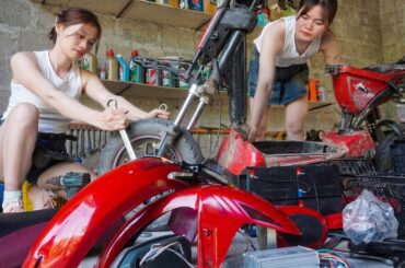 A girl repairs an electric motorcycle, replacing the high-speed controller, surprising the boy.