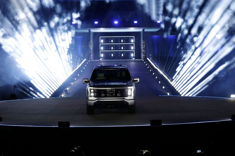 The unveiling of the F-150 Lightning outside of Ford's headquarters in Dearborn, Michigan on May 19, 2021.