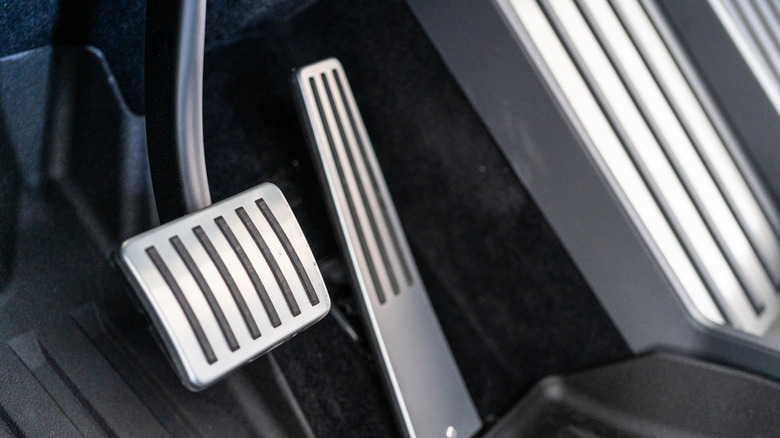 The pedals of a Tesla Cybertruck