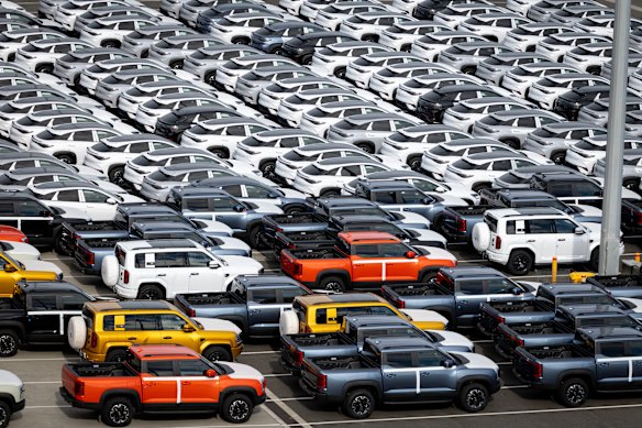 BYD electric vehicles unloaded at Port Melbourne.
