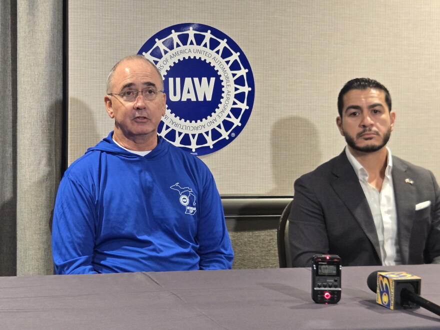 UAW President Shawn Fain (left) and U.S. Senate candidate Abdul El-Sayed at the UAW's Michigan Community Action Program Conference.