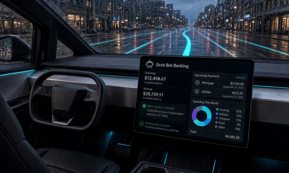 Elon Musk’s AI Grok Bot can now handle banking while your Tesla FSD handles the road Concept of SuperGrok Bot handling banking in a Tesla via Grok