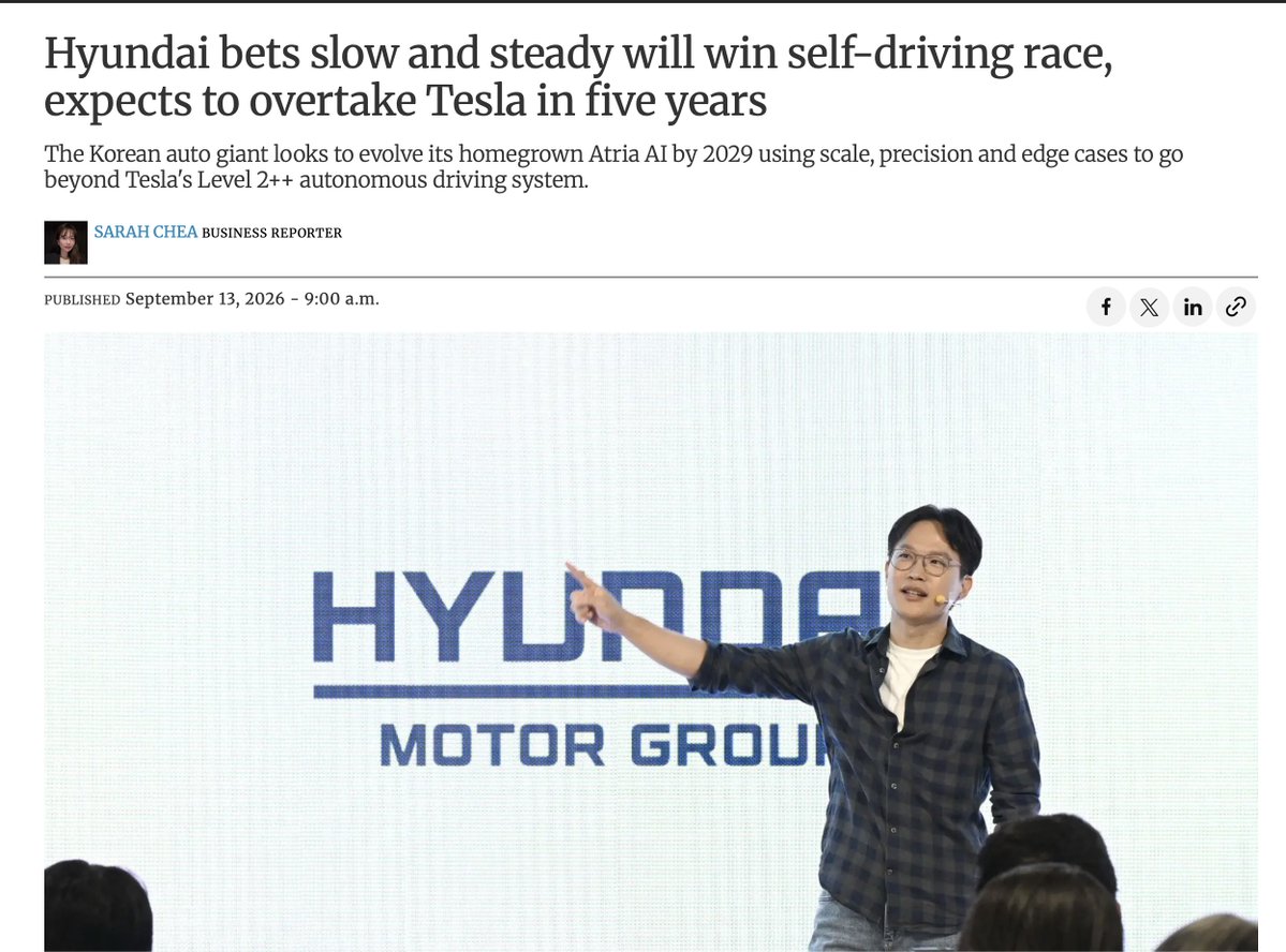 Sawyer Merritt tweet about Hyundai deliberately delaying autonomous driving rollout to beat Tesla FSD